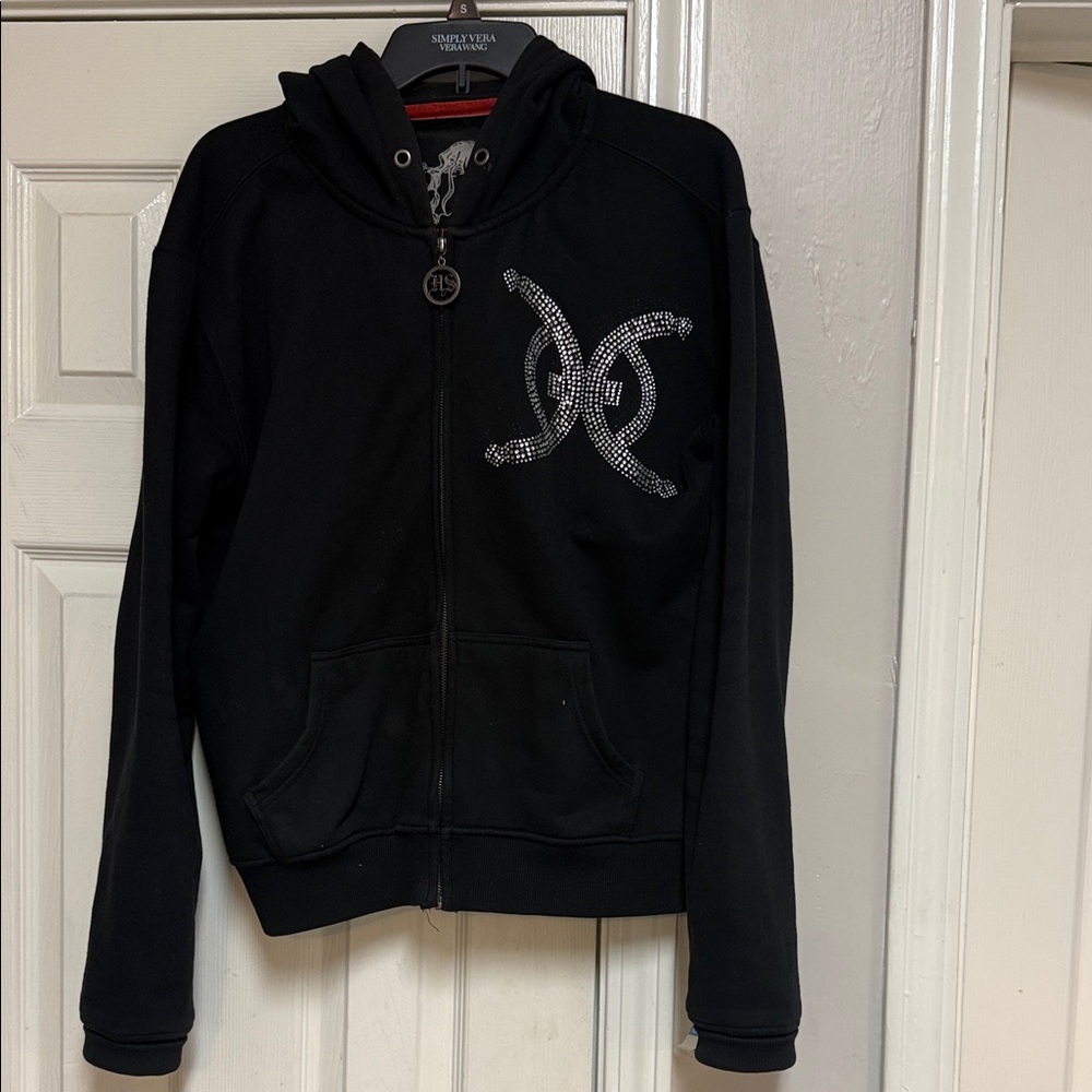 HEAVENLY SINS Black Rhinestone Emblem Zip Hoodie